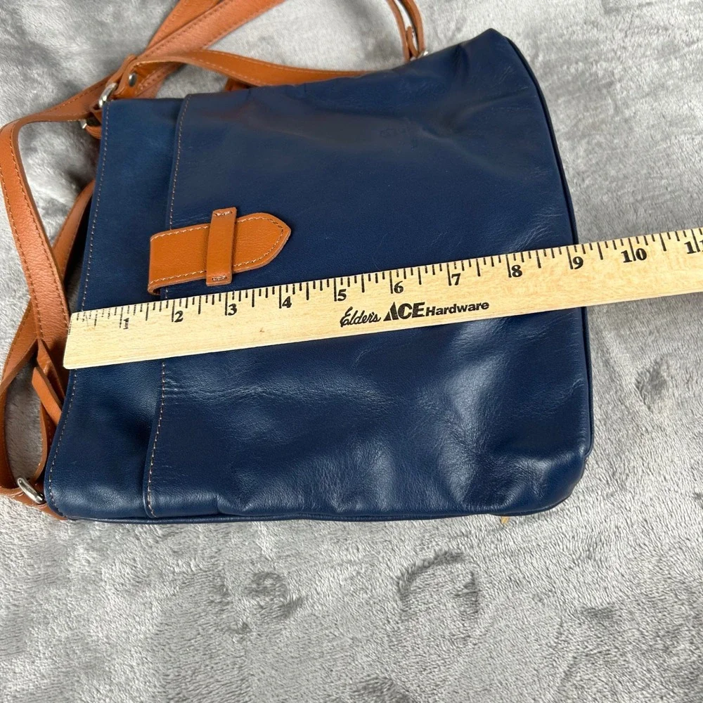 Borboletta Navy Blue Leather Crossbody Bag Tan Trim Adjustable Strap